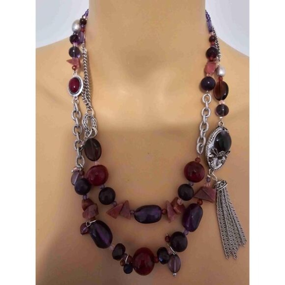 Coldwater Creek Red Purple Silver Beaded Multi Strand Necklace - Picture 3 of 14